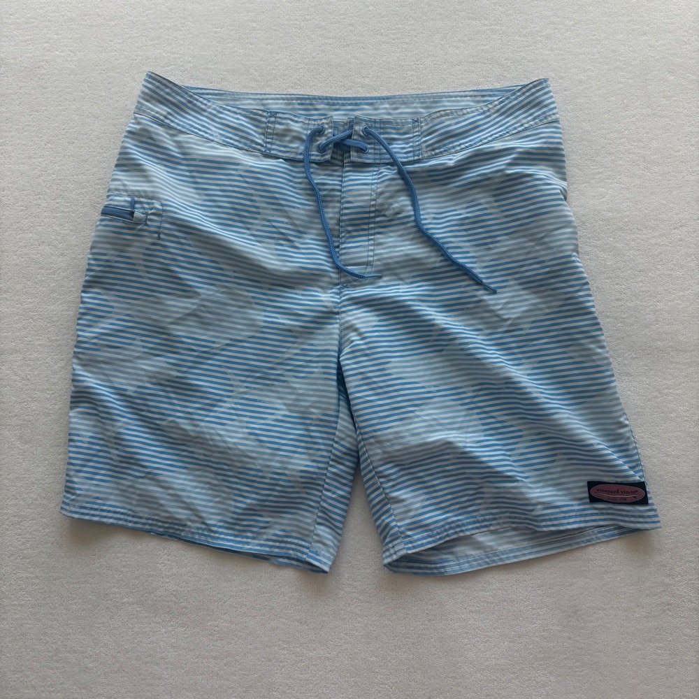 Vineyard Vines Board Shorts Men 35 Blue Striped Shark Print Swim Trunks 9 Inseam